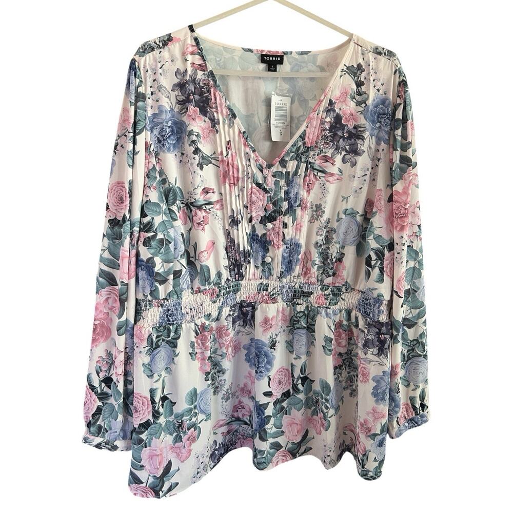 Torrid 4X 26 Floral Cottagecore Smocked Waist Pintuck Blouse Long Sleeve NWT